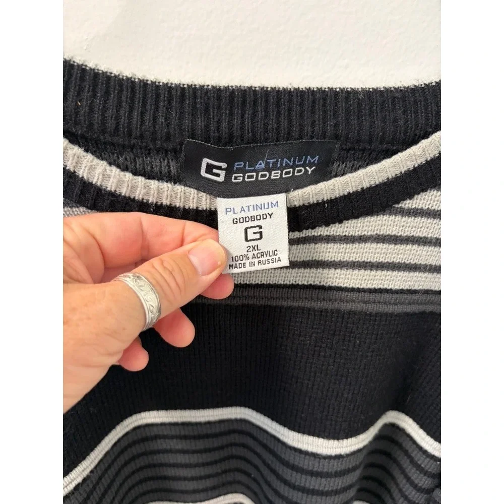Platinum Godbody Mens 2XL Striped Crewneck Sweater Black Grey White Long Sleeve
